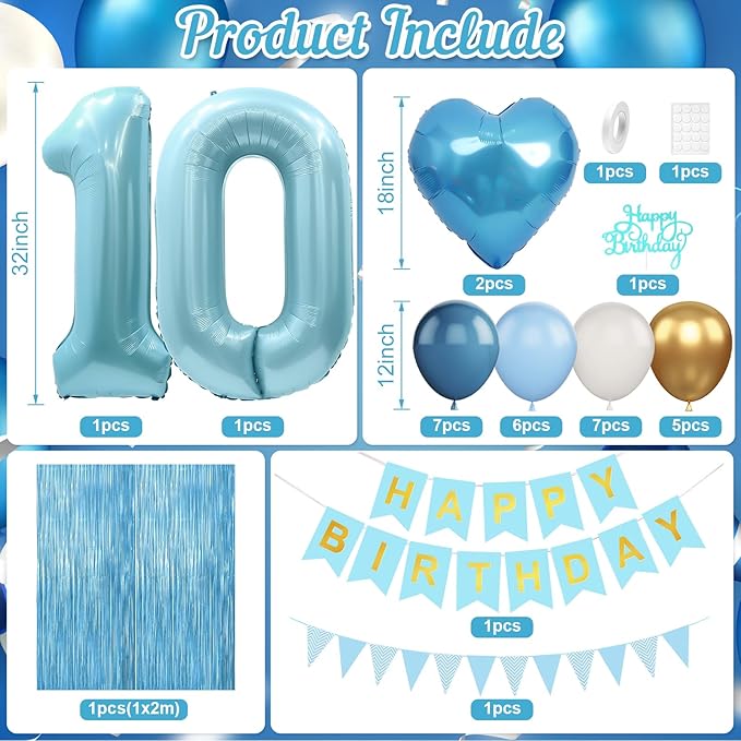 10th Birthday Decorations Blue White Gold,10th Birthday Balloons with Happy Birthday Banner Fringe Curtain Heart Foil Balloons for Boys Girls 10 Year Old Birthday Decor