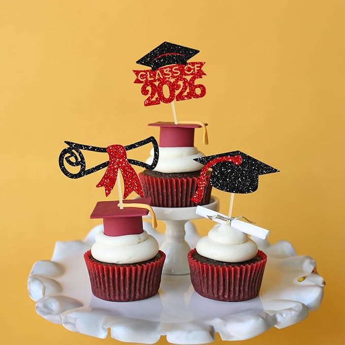 Gyufise 24Pcs 2026 Graduation Theme Cupcake Toppers Glitter Diploma Graduation Cap Cupcake Picks Class of 2026 Cake Decorations for 2026 Grad Theme Party Supplies Black Red
