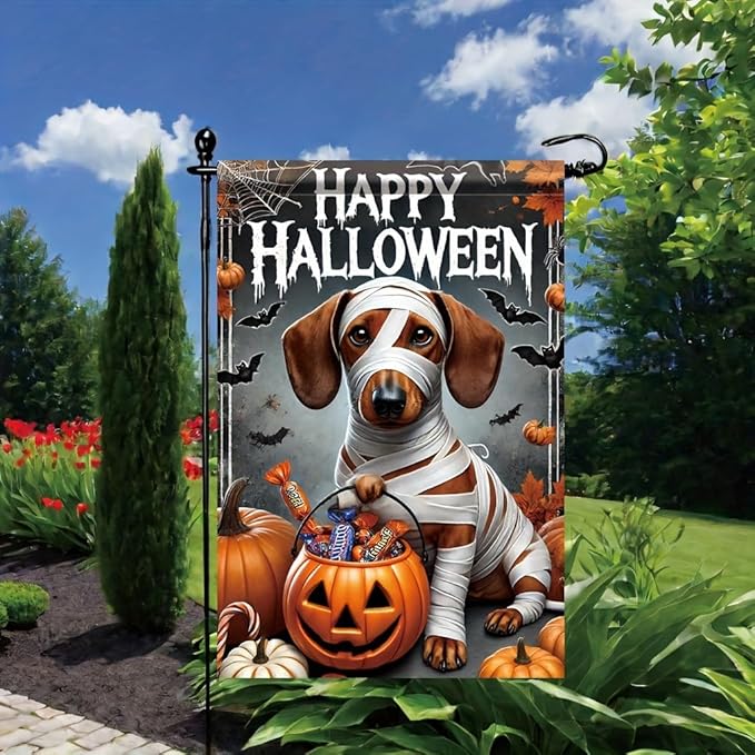 Halloween Garden Flag Dachshund Dog Mummy Pumpkin 12x18 Inch Double SidedOutdoor Yard Banner Trick or Treat Haunted House Spooky Cute Holiday Small Garden DecorationDecor