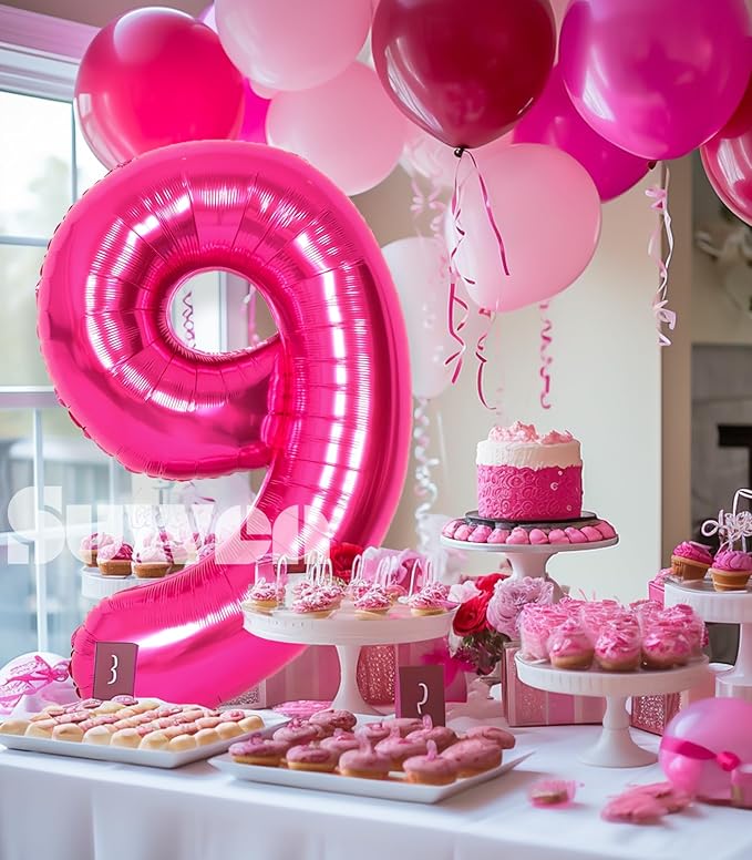 SUWEN 40 Inch Hot Pink Large 9 Number Balloons Big Foil Helium Number Balloons 0-9 Jumbo Happy 9th Mylar Birthday Party Decorations for Girl Anniversary Party Supplies