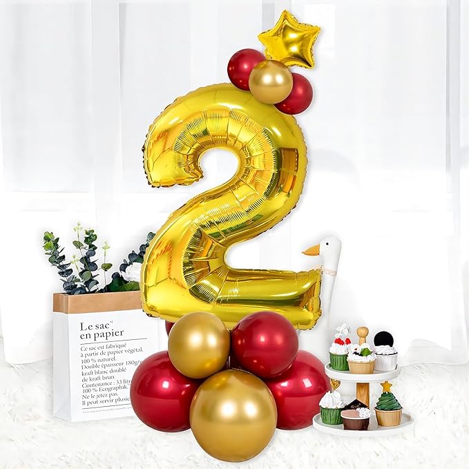 32 In Gold Large Numbers Balloons 0-9, Self Inflating Number 2 Balloons for Boys Girls, Big Gold Digit 2 Balloons for Women Men Birthday Party Anniversary Wedding Supplies Decorations