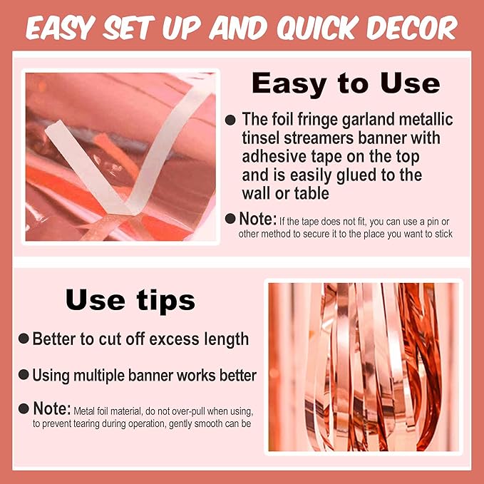 3 Pack 10 Ft Rose Gold Foil Fringe Garland Metallic Streamers Tinsel Banner Wall Hanging Garland Backdrop for Parade Floats, Graduation, Mother's Day, Carnival, Birthday, Wedding Party Decorations