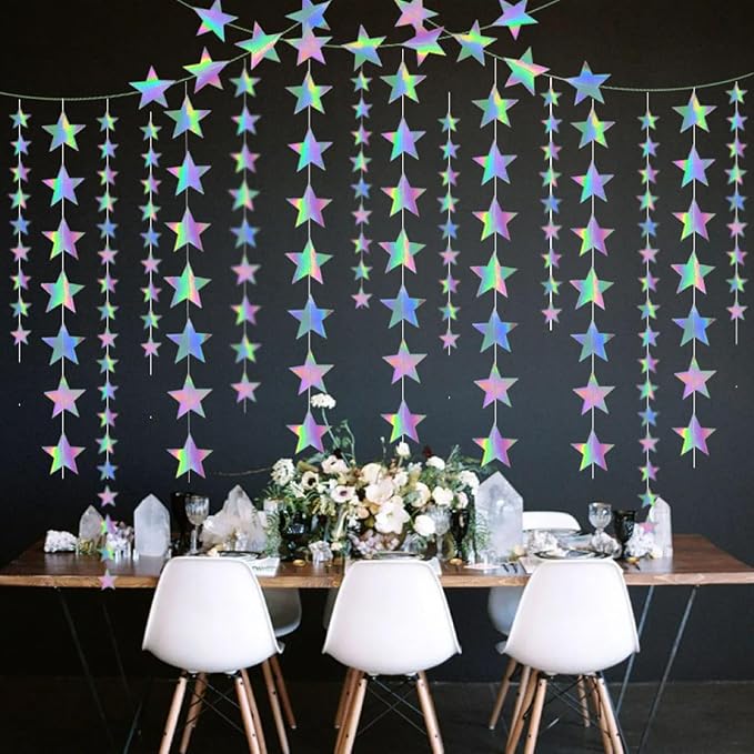 Iridescent Glitter Star Garland Hanging Decorations, Streamer Bunting Banner Decorations,65 Feet, Twinkle Star Backdrop for Graduation, Birthday, Wedding, Christmas Party, New Year (Iridescent)