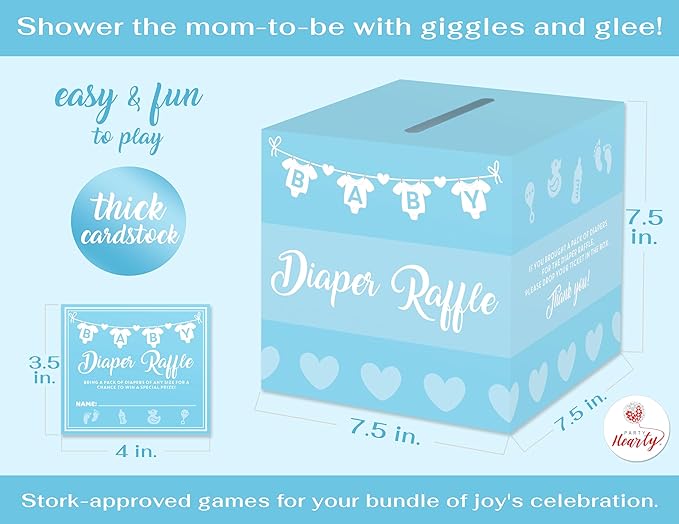 Party Hearty Baby Shower Games for Boy, 50 Blue Diaper Raffle Tickets, Diaper Raffle Ticket Cards Box, Baby Shower Decorations, Raffle Prizes, Ideas