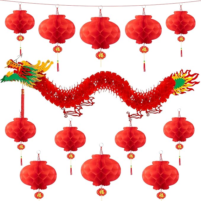3D Chinese New Year Decorations 2026, Chinese Dragon Decoration with 1 Dragon and 12 Red Plastic Paper Lanterns for Spring Festival Party Lunar New Year Decorations 2026