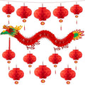 3D Chinese New Year Decorations 2026, Chinese Dragon Decoration with 1 Dragon and 12 Red Plastic Paper Lanterns for Spring Festival Party Lunar New Year Decorations 2026