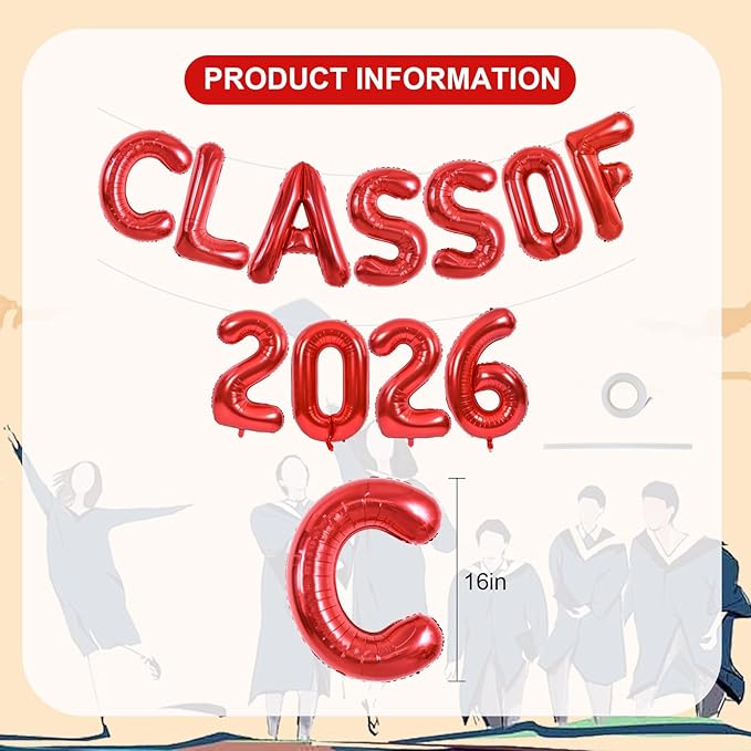 TONIFUL Red Class of 2026 Graduation Balloon Banners Foil Balloons Decorations 2026 Congrats Grad Balloons for Class of 2026 Congratulation Graduations Party Supplies