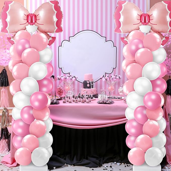 Kasyat 2 Sets Pink Bow Balloon Column Stand Kit with 2 Pink Bow Foil Balloons 100 Latex Balloons, Adjustable Stands Pink and White Balloon Garland Arch for Bridal Princess Birthday Coquette Party