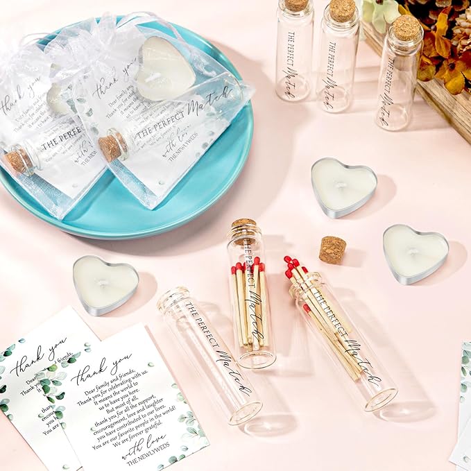 100 Sets Wedding Party Favors for Guests Bulk Including Mini Heart Shaped Candles and Empty Matches Jars with Cork Top Thank You Cards and Organza Bags for Wedding Bridal Shower Party Souvenir