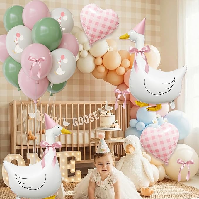 One Silly Goose Birthday Decorations Girl – Goose Balloons with Pink Printed Latex Balloons, Pink Bow & Hats, Cute Baby Girl 1st Birthday Party Supplies