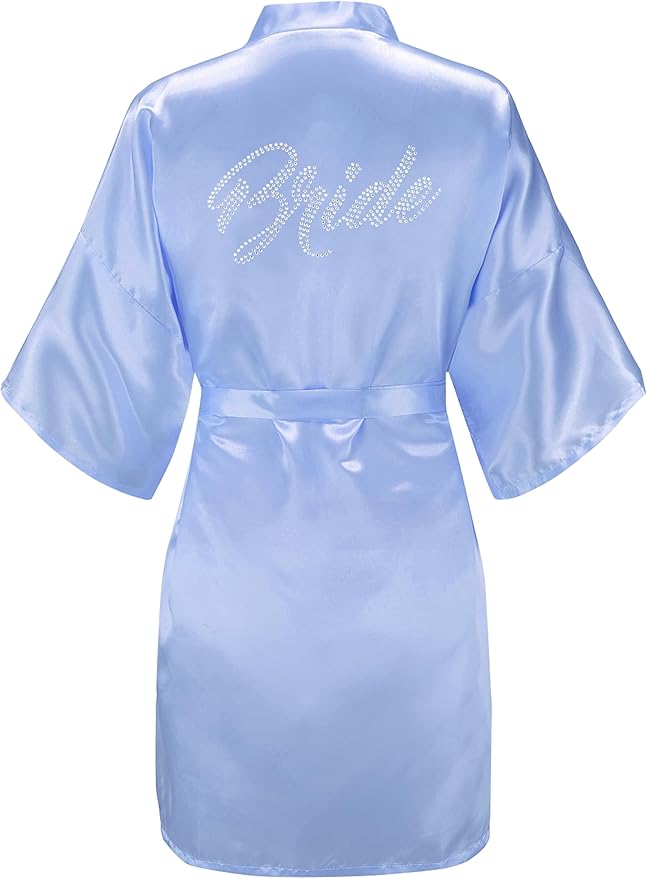 EPLAZA Women's One Size Silver Rhinestones Bride Bridesmaid Short Satin Robes for Wedding Party Getting Ready