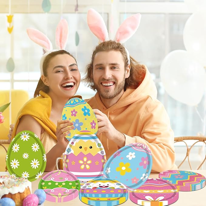 HAKOTI Easter Egg Tableware - 60 Pcs Bunny Egg Shaped Plates & Napkins Set for Happy Easter Dinnerware & Party Decorations