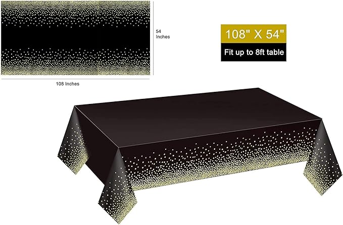 Gexolenu 6 Pack Black and Gold Tablecloth for Rectangle Tables, Plastic Disposable Dot Confetti Party Table Covers for Birthday, Graduation, New Year Party, Anniversary, 54" x 108"