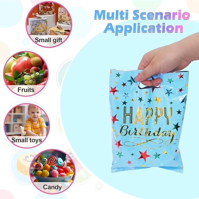 40pcs Party Favor Bags for Kids Birthday Goodies Bags, Plastic Gift Bags for Kids Girls Boys Candy Birthday Party Favor Gift Wraps (40pcs star pattern 4colors)