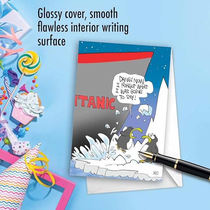 NobleWorks - 1 Happy Belated Birthday Card with Funny Cartoons - Mature Humor Notecard with Envelope, Celebrate Birthdays - Titanic Bump C7263BEG