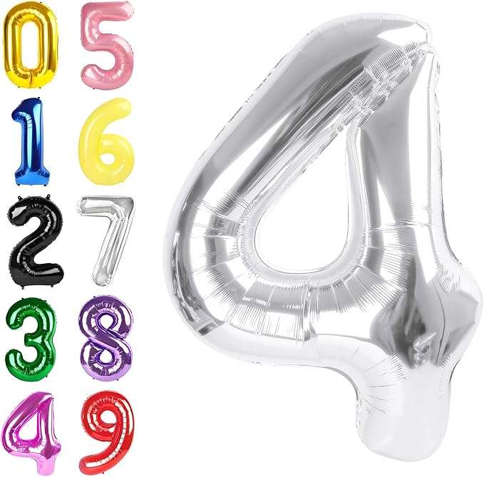 4 Balloon Number Large 40 Inch Foil Balloons for Birthday Party Decoration, Silver Number 4 Ballon for 4, 14, 24, 40 Celebration, Birthday, Christmas, Anniversary Decor