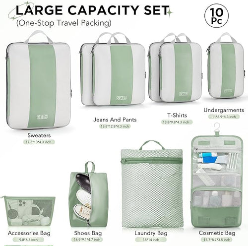 10 Set Compression Packing Cubes for Travel Essentials,Compressible Expandable Packing Cubes for Suitcase,OlarHike Luggage Organizer Bags for Travel,Handy Helper for Organizing Clothes(Matcha Green)