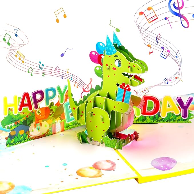 Cartoon Dinosaur Music Playing Pop Up Happy Birthday Greeting Card with LED Light, Love Gift for Adult and Kid with Blank Note & Envelope, Celebration for Daughter, Son, Mom, Dad