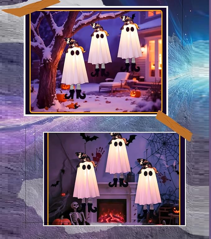 2025 New Halloween Hanging Ghosts, 18" Halloween Decorations Outdoor Hanging Ghosts with Witch Hat,Glowing Witch Hat Ghost with High Heels,for Yard Patio Garden Tree Outside(2PCS)