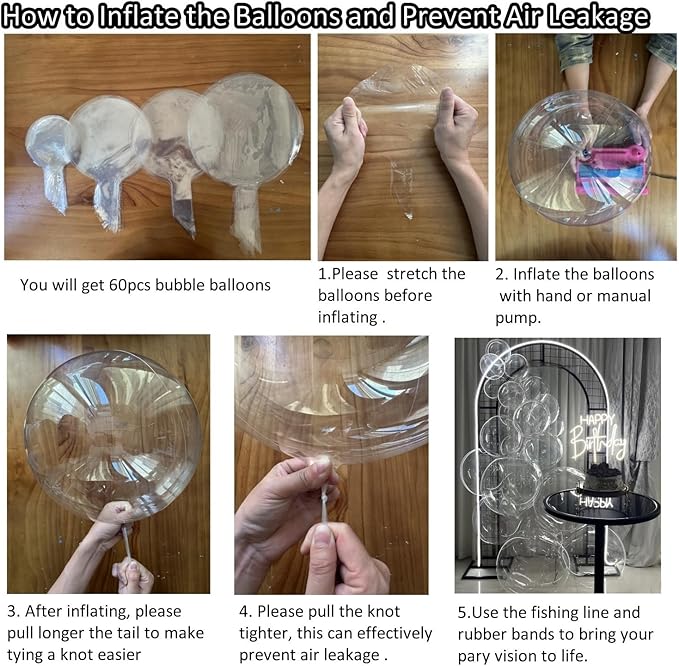Clear Balloons Bubble, 60 Packs 4 Different Sizes Bobo Balloons Plastic Garland Arch Kits with Fishing Line/Transparent Rubbers for Party Decorations