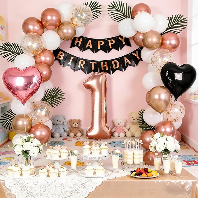1st Birthday Decorations for Baby Girl - Rose Gold, Black and Hot Pink Party Supplies Set with Happy 1st Banner, Number 1 Balloon and Foil Fringe Curtains - 1 Year Old Celebration Kit