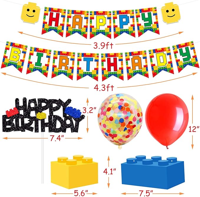 Building Blocks Themed Birthday Party Decorations Pack - Includes Glitter Cake Topper Banners and Balloons - Summer Colorful Themed Bday Party Pack Supplies