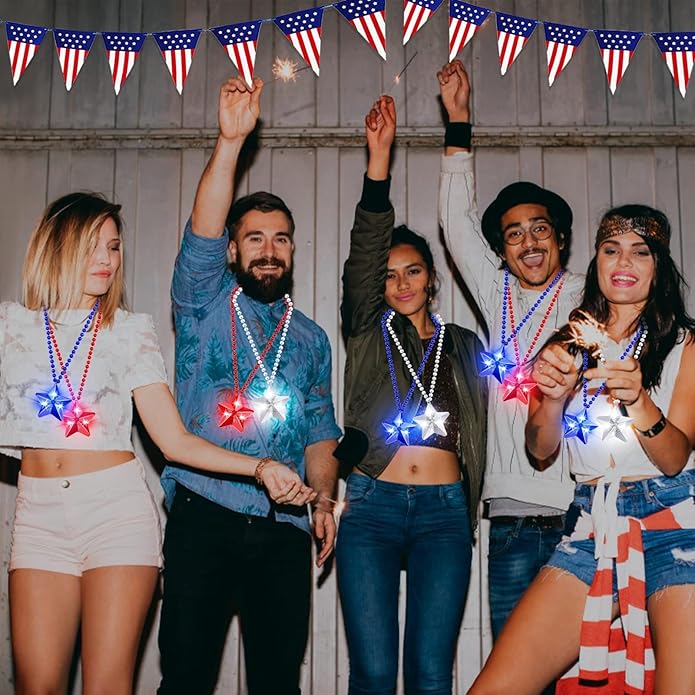 6 Pack 250th Anniversary 4th of July Party Favor LED Light Up Necklaces,Red White Blue Necklaces Accessories Decorations Party Supplies, Patriotic Stars Beads for Adults Kids National Independence Day