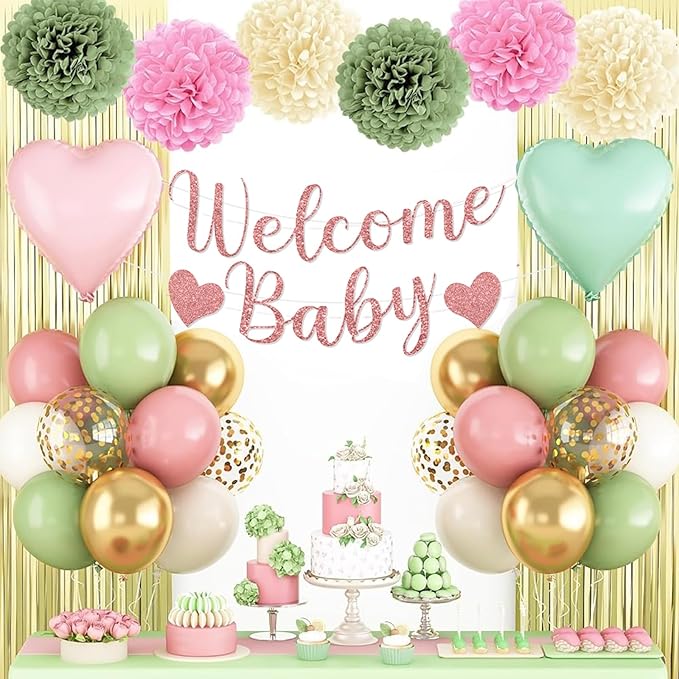 Dusty Pink Green Gold Baby Shower Decorations,Welcome Baby Banner with Sand White Sage Green Balloons Fringe Curtains Paper Pom Poms Flowers Tassels for Boho Baby Shower Gender Reveal Party Supplies