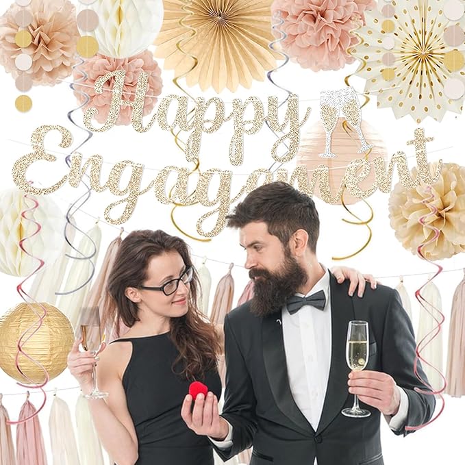 Engagement Party Decorations, Champagne-Gold Glitter Happy Engagement Banner, Almost Married/Just Engaged Photo Background, Boho Tassel Garland Congratulations Wedding Bachelorette Party Shower Décor