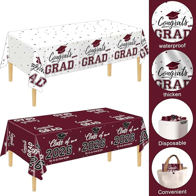 Oigco 2 Pack Maroon Graduation Tablecloths, Graduation Decorations Class of 2026, Congrats Grad Plastic Table Cloths for Graduation Party Decorations, 54 x 108 Inch