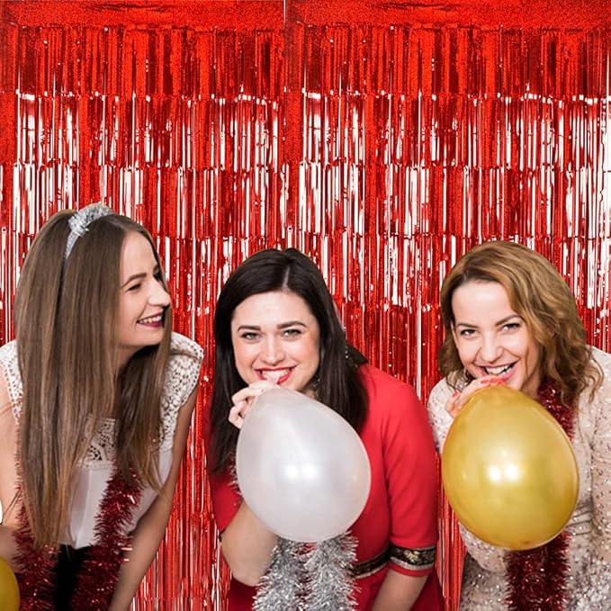 TONIFUL 3Pcs Laser Red Door Streamers,Laser Red Photo Booth Backdrop Metallic Streamers Foil Fringe Curtains for Birthday,Christmas,New Year,Bachelorette,Grad Party Streamers Decor(9.9ft x 6.6ft)
