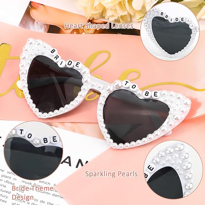 Bride to Be Set: Pearl-Trimmed Heart Sunglasses, Pearl BRIDE Sash & Tulle Veil - Bachelorette Party Bridal Accessories