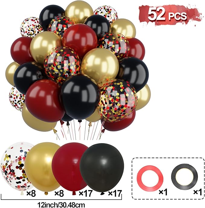 Patimate Burgundy Black Gold Balloons Set, 50Pcs 12 Inch Maroon Black Metallic Gold Latex Balloon Confetti Balloon for Graduation Birthday Baby Shower Wedding Party Decorations