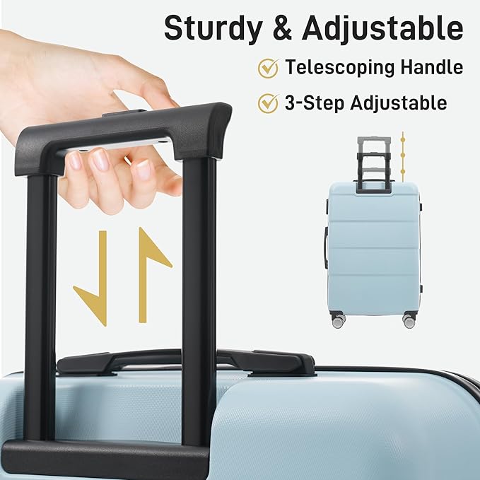 6 Pcs ABS Hardshell Luggage Sets Spinner Wheel Suitcase Lock Suitcases Light Blue