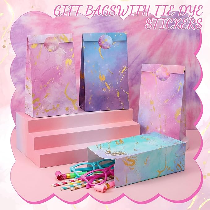 woric 36PCS Tie Dye Party Favor Bags with Stickers, Gradient Pink and Purple Small Gift Bags Self Stand Gold Foil Goodie Bag for Kids, Girls Birthday, Baby Shower, Wedding Party Favor Supplies