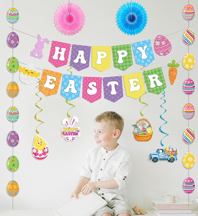 YEIRFYY Easter Decorations Set Happy Easter Banner Colorful Egg Garland Bunny Hanging Swirl Decorations Welcome Porch Banner Spring Paper Fan for Home School Fireplace Ceiling Party Decorations