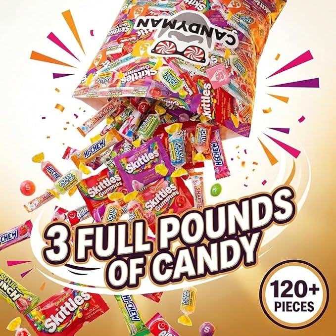 CANDYMAN Assorted Candy Variety Pack 3lbs of Pinata Stuffers, Bulk Candy for Party Favors Goodie Bags for Birthday Party, Candies in Bulk Individually Wrapped