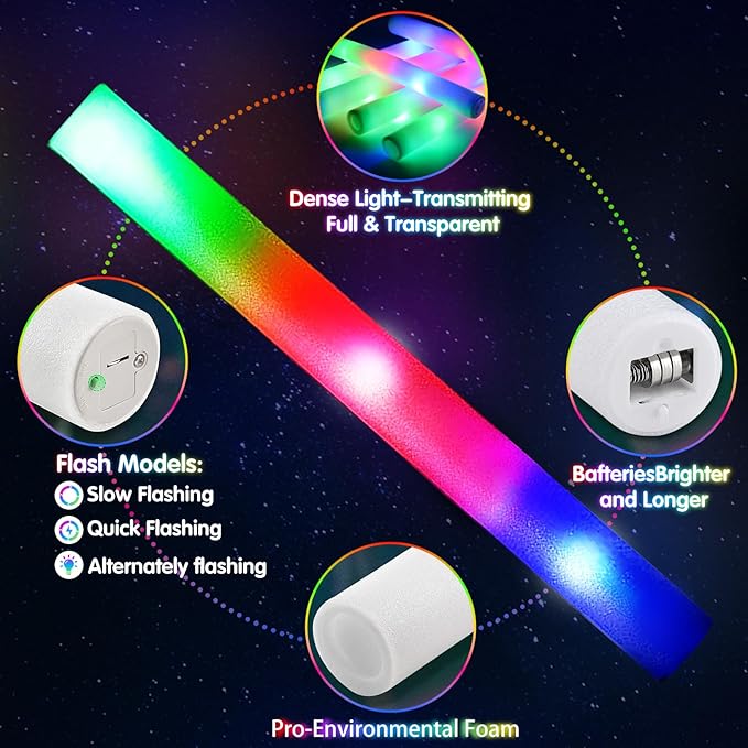 72PCS Foam Glow Sticks, Foam Light Up Sticks with 3 Modes Colorful Flashing, Glow Sticks for Wedding, Glow Stick Bulk Party Pack for Wedding, Raves, Concert, Camping, Carnival