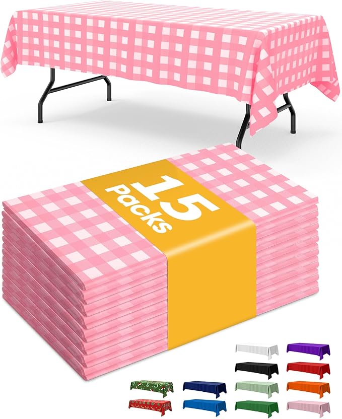 Pink and White Plastic Table Cloth Rectangle Table 15 Pack, 54''×108'' Tablecloth for 6ft Tables, Table Cloth for Disposable Use, Table Cover for Holiday Party, Gathering