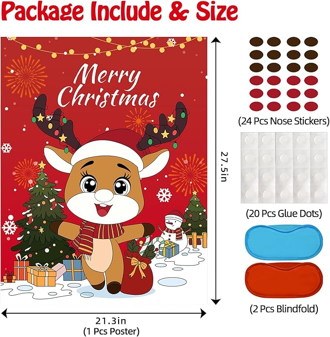 Christmas Games - Pin The Nose on The Reindeer Games for Families Party, Cute Indoor Christmas Home Decor Party Decorations, Xmas Activities Presents Holiday Decor, Red