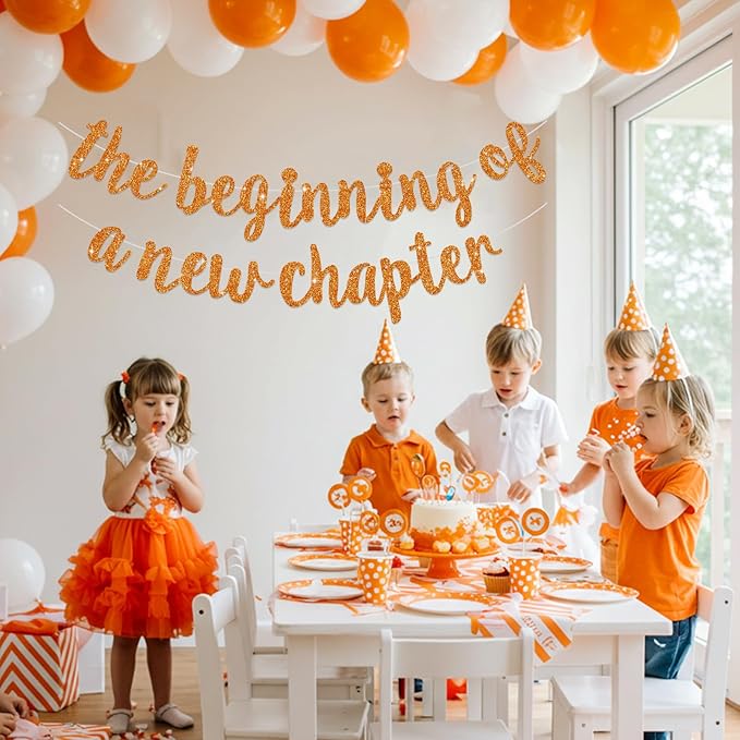 BEISHIDA Glitter Orange The Beginning of A New Chapter Banner,Farewell Book Themed Housewarming Party Congratulations Decorations,Going away Retirement party Garland,Graduation Sign 2026 Banner