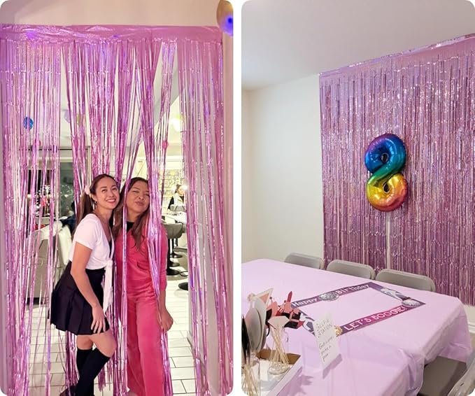 2 Pack 3.2ft x 8.3ft Foil Fringe Backdrop Metallic Tinsel Door Window Curtain Party Photo Booth Props for Birthday Bachelorette Wedding Graduation Party Decorations (Purple)
