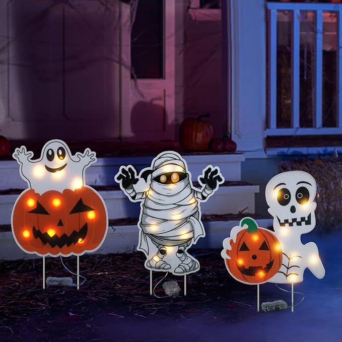 Lighted Yard Signs for Halloween Props Yard Stakes Light Up Pumpkin Ghost Yard Sign with Stakes for Halloween Decorations Outdoor Lawn Decor Yard Decorations - 3PCS
