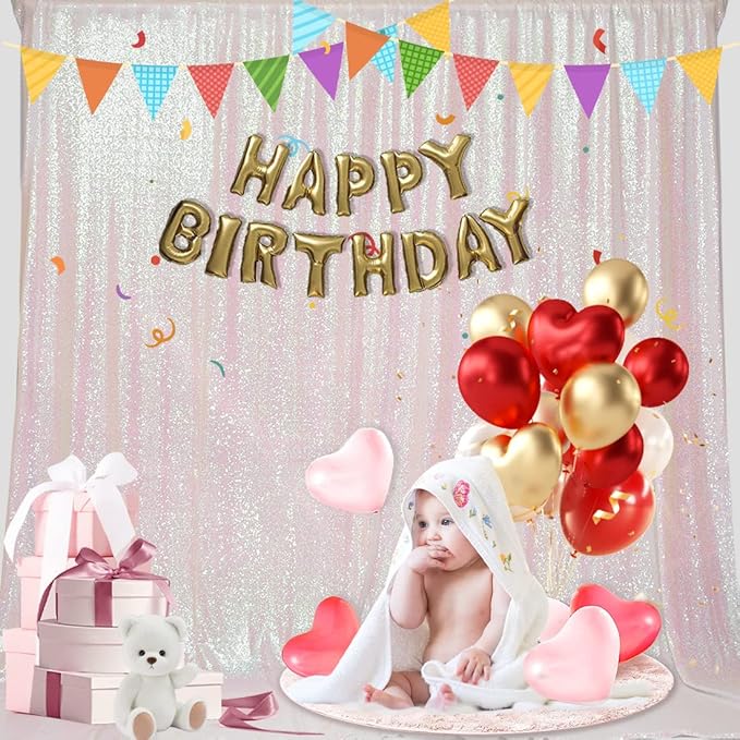 PartyDelight Iridescent White Sequin Backdrop 7x7ft - High Density 3mm Shimmer Sequin Background with 4-Inch Rod Pocket, Sparkly Photography Curtain for Birthday, TikTok & Live Decor