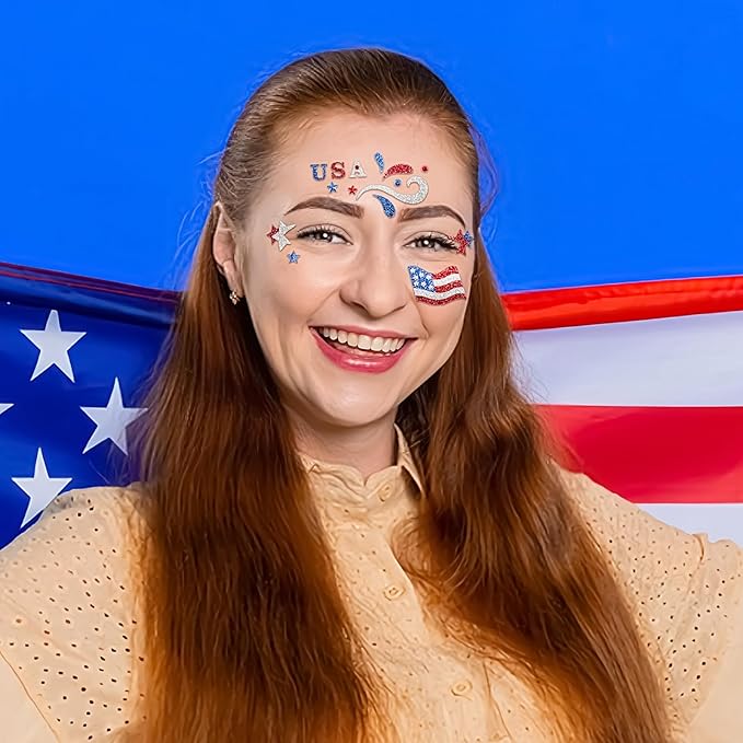 4th of July Face Gems, Fourth of July Celebration Face Jewels, Patriotic Tattoo with USA Flag Stars Designs, Sparkle Glitter Red Blue Silver for Independence Day, Parades, Parties 2 Sheets (style1)