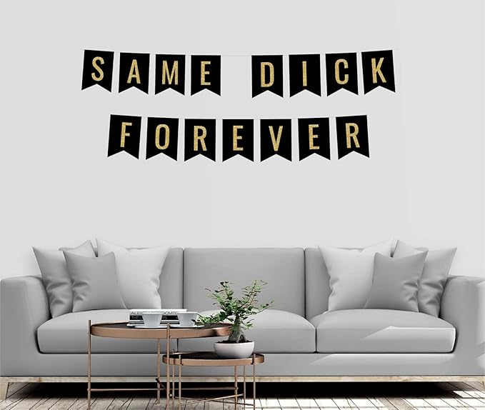 Andaz Press Faux Gold Glitter on Black Bridal Shower Bachelorette Party Banner Decorations, Same Dick Forever, Approx 5-Feet, 1-Set, Colored Hanging Pennant Decor