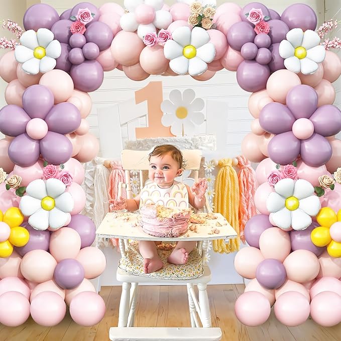 Daisy Balloon Garland Arch Kit,Retro Purple Yellow Pink Hippie Boho Balloons Garland Daisy Flower Balloons For Birthday Baby Shower Bridal Wedding Groovy Daisy Party Decorations