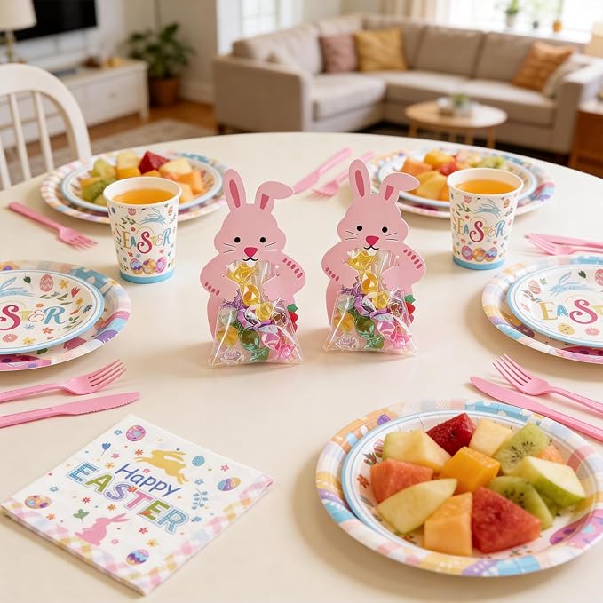 Mostop 80 Pcs Easter Tableware Set Party Supplies for 10 Guests Disposable Paper Plates, Cups, Napkins Forks Set Decorations for Easter Party Spring Holiday Picnics