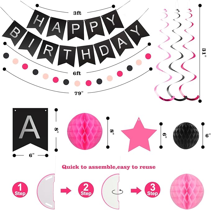 meowtastic Birthday Decorations, Happy Birthday Banner with Honeycomb Balls, Stars Hanging Swirl Streamers, Circle Dots Garland, Happy Birthday Party Decorations for Women Men Boys Girls (Black&Pink)