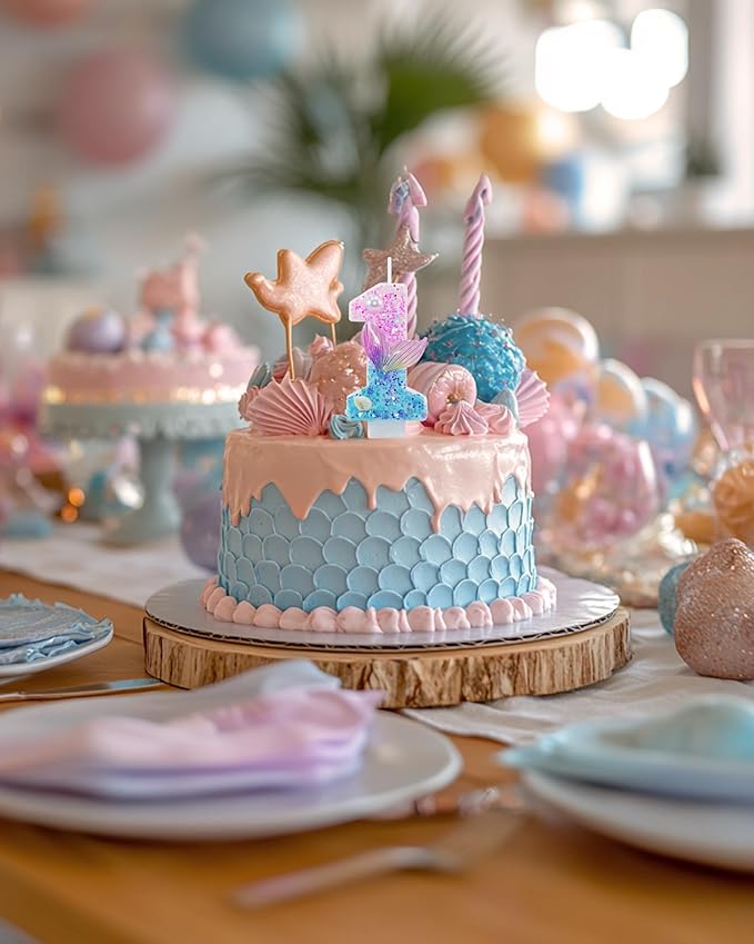 Mermaid Themed Birthday Candles, Number 1 Girls Glitter Birthday Party Supplies,Anniversary Party Decor,2.87 inch Cake Topper Decorations (Mermaid Themed, Number 1)